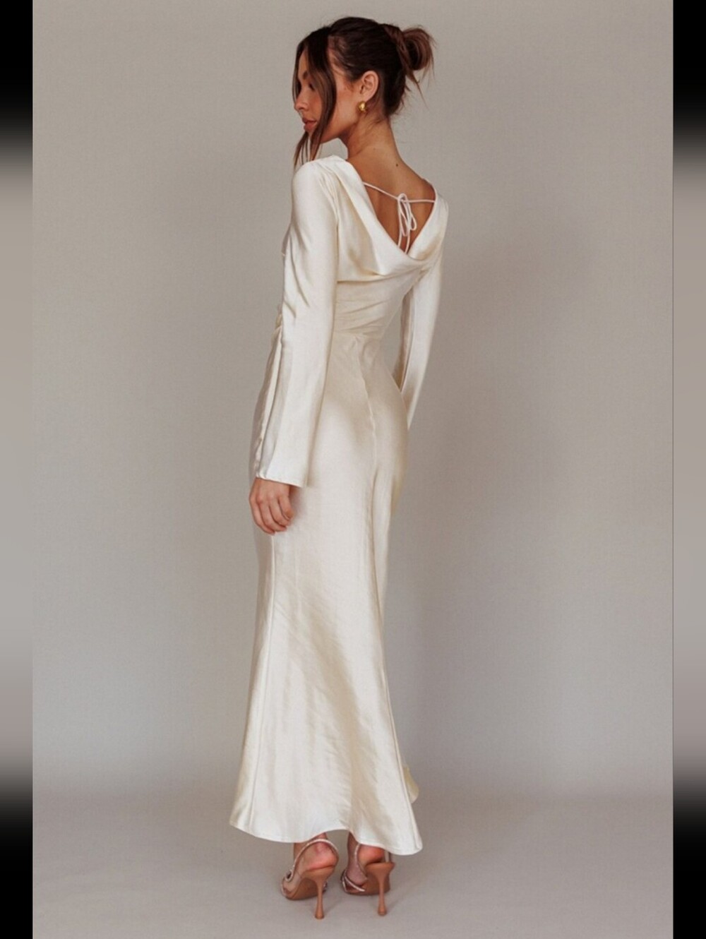 Selfie Leslie Long Sleeve Cream Satin Maxi Dress - Picture 3 of 5